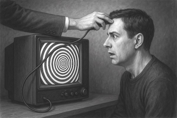 Man watching spirals on television as a brainwashing treatment.